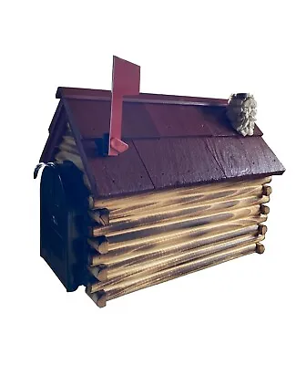 Log Cabin With Stone Chimney Mailbox Red Roof Authentic Amish-made In USA • $219