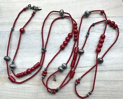 Carolee Long Red & Silver Tone 58” Sautior Vintage Designer Christmas Necklace • $19.99