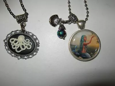 Mermaid Octopus Pendant Necklace Set Of 2 Handmade Altered Art Ocean Sea Life • $9.99