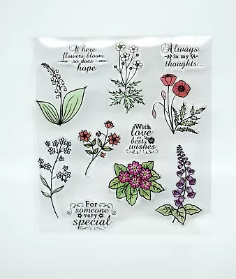  🌼Sheet Of 11 Clear Flowers & Sentiments Acrylic Stamps  *UK Seller* 1Z 🌼 • £4.89