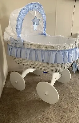 £100 • Buy Blue/white ￼wicker Hooded Wheels Crib/baby Moses Basket + Complete Bedding.