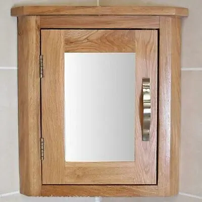 Oak Wall Mounted Mirrored Bathroom Corner Cabinet | Overhead Unit With Shelving • £141