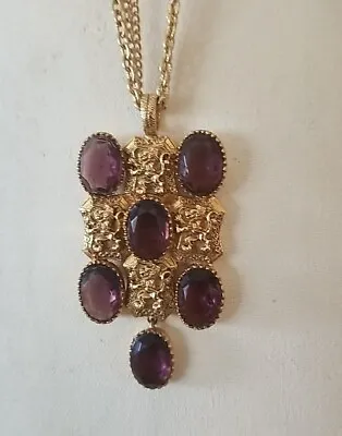 Vintage Goldtone PURPLE AMETHYST Cabochon MEDALLION STATEMENT Pendant  NECKLACE  • $45