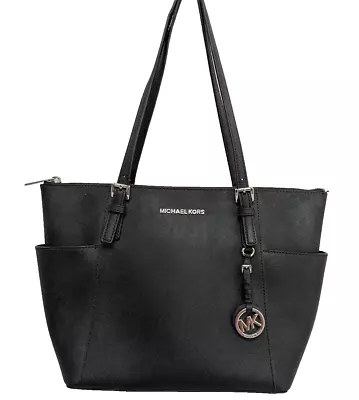 MICHAEL KORS Womens JET Black Leather Zip Top Tote Sholulder Bag Carryall Purse • $53.99