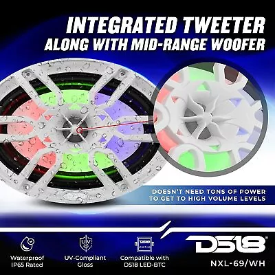 Pair DS18 NXL-69/WH 6x9  2-Way 375W 4 Ohm Coaxial Marine Speakers RGB LED White • $186.96