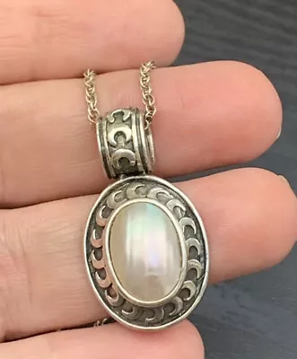 Vintage Sterling Silver Gemstone Mabe Mother Of Pearl Pendant Necklace 18” • $59.95