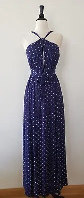 Anthropologie Maxi Dress New Size Medium Blue Polka Dot Halter Belted Cut Out • $55
