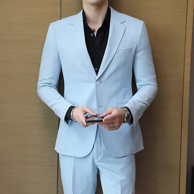 Korean Fashion Business Mens Suits Two-piece Light Blue Slim Work  Weding Blazer • $113.87