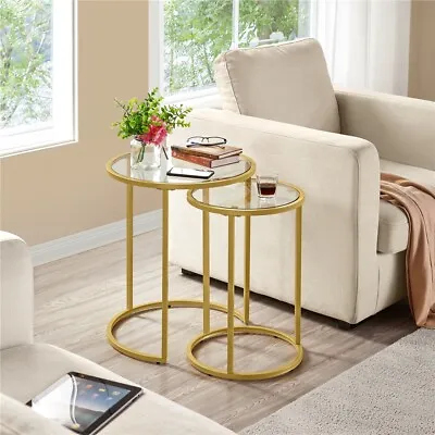 £49.59 • Buy Round Nesting Table With Metal Frame, End Side Table W/ Tempered Glass Top, Gold