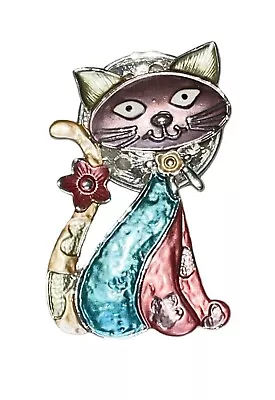 NWOT Silver Tone Multicolor Enamel Kitty Cat Magnetic Brooch Pin • $14.99