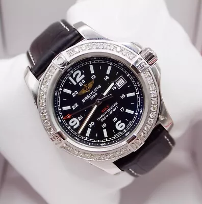 Breitling Colt 44mm Chronometre Custom Diamond Bezel Black Dial Leather Band • $3999