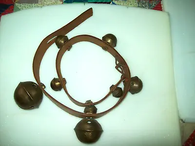 8 VG Antique Graduated Petal Design Brass Sleigh Bells On Leather Strap • $74