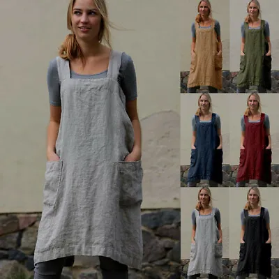 $16.88 • Buy Women Cotton Linen Pinafore Square Cross Apron Garden Work Long Loose Slim Dress