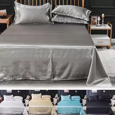 Silk Luxury Flat Sheet + Pillowcase Bedding Set Bed Sheet Double Queen King Size • £14.39