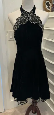Vtg Party Cocktail Dress  Womens Mini Halter Black Velvet Fit Flare Sequin S/M • $9.99