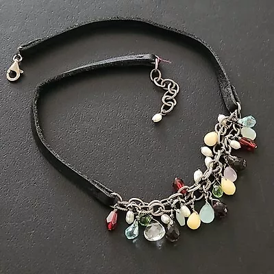 925 STERLING SILVER Vintage Necklace Bib Gemstones Pearls Leather 22.7 Grams 101 • $8.50