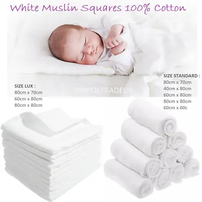 ✅ White Muslin Squares 100% Cotton Baby Cloths Reusable Nappy Inserts Bibs  • £3.61