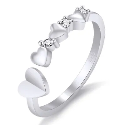 Sparkling 925 Sterling Silver Love Heart 3 CZ Open Adjustable Ring Women Gift UK • £3.45