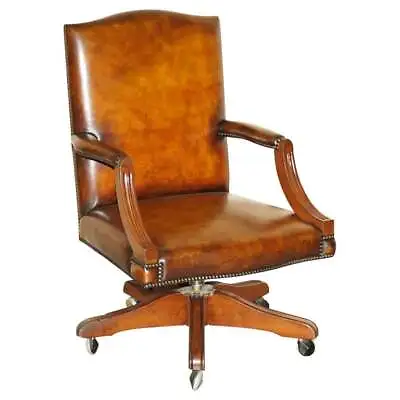 Luxury Vintage Restored Brown Leather Oak Framed Captains Directors Armchair • $3543.55