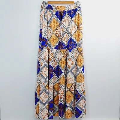 Paper Heart Long Tiered Skirt Womens Size 12 White Blue Brown Geo Side Split • $39.99