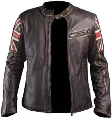 Mens Brown Cafe Racer UK Flag Union Jack Biker Vintage Motorcycle Leather Jacket • £75