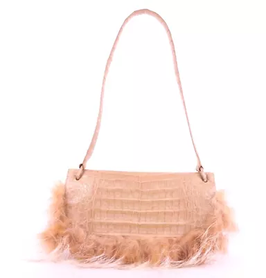 $598 • Buy NANCY GONZALEZ $2,600 Beige Crocodile & Genuine Fur Flap Shoulder Bag
