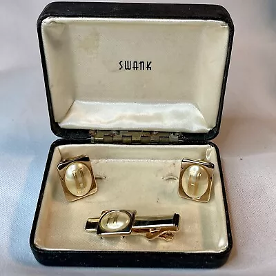 H Initial Monogram Letter Vintage SWANK Cuff Links & Tie Bar Clip Pearl Gold • $25