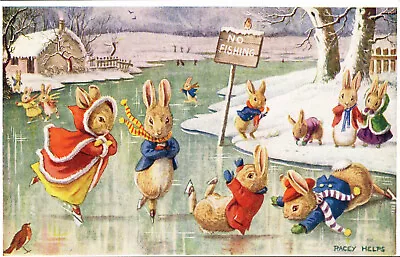 Bunnies Ice Skating Racey Helps Medici Society Anthropomorphic Divided Back • $4.50
