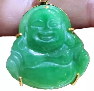 Vintage Jade Green Color Buddha Symbol With 14K Yellow Gold Pendant • $305