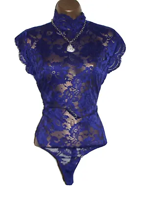 Lipsy Sexy Bodysuit Top 10 8 Blue Lace Up Back High Neck Body Evening Club Night • £25.99