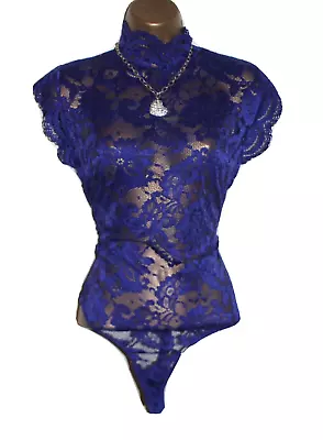 £25.99 • Buy Lipsy Sexy Bodysuit Top 10 8  Deep Blue Lace Up Back High Neck Body Evening Sexy