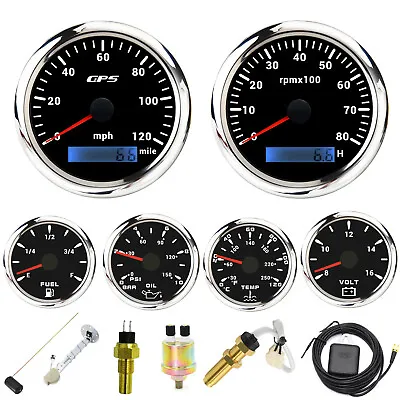 6 Gauge Set With Senders 85mm GPS Speedometer 0-120 MPH Tachometer 8000RPM Gauge • $158.01