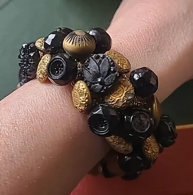 Vintage Woven Stretch Bracelet Made Of Victorian Brass /Jet Buttons • $12.99