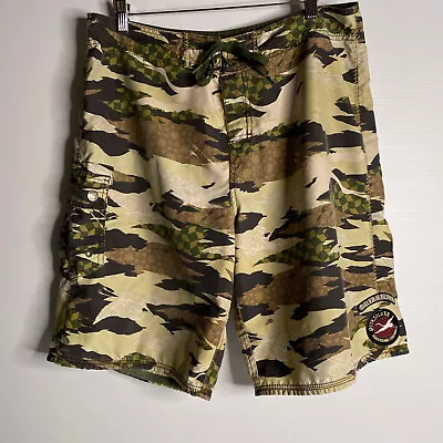 Vintage Quiksilver Men's 34 Green Brown Crane Camo Design Long Board Shorts Surf • $35