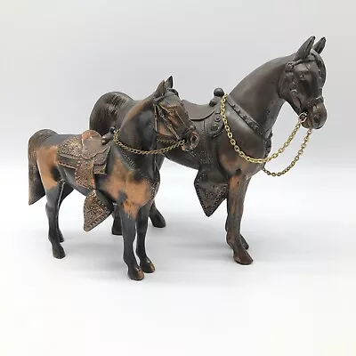 Bronze Horses Figurine Cast Ornate Chain Reins Straight Upright Stance LOT OF 2 • $2.25