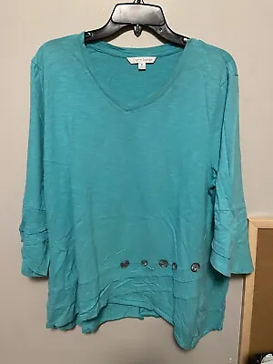 ERIN LONDON Women XL Shirt Top 3/4 Sleeve V-neck Green With Buttons B7 • $10.90