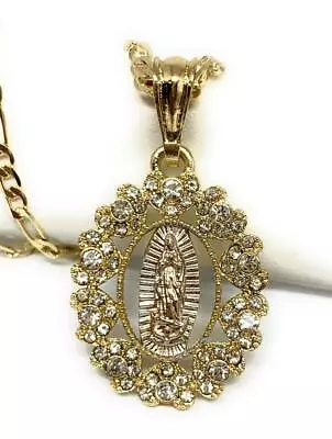 Virgen De Guadalupe Medalla Pendant Necklace 24” Virgin Mary Cadena Oro Laminado • $19.99