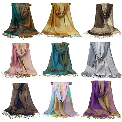 Border Paisley Pashmina Scarf Women Festive ~ Long Shawl Wrap Reversible • $12.99