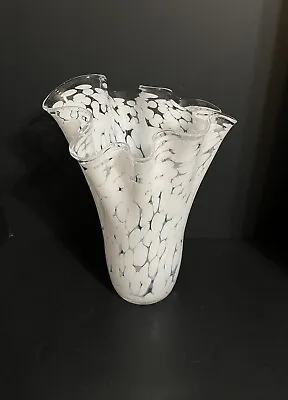 Hand Blown Art Glass White Confetti Handkerchief Zorza Vase • $50