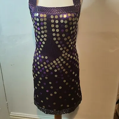Purple Party Dress Size 12 Cotton Club Sequin Satin Party Bodycon • £8.99