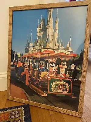 VINTAGE 80s DISNEYLAND MAIN STREET STREET CAR MICKEY MOUSE FRAMED POSTER 17”x21” • $21