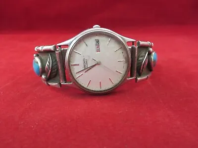 Vintage Navajo Sterling Silver And Turquoise Watch Band Seiko Watch. • $89