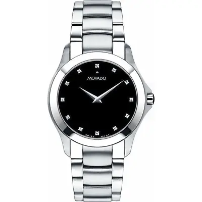 MOVADO 0606185 Masino Diamond Black Dial Steel Silver Tone Band Mens Watch $1200 • $762.85