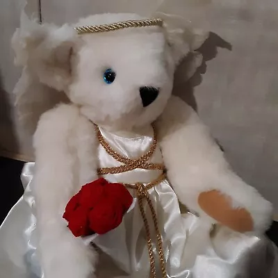 Handmade Vermont Teddy Bear Plush Jointed 15  Angel Bear White Blue Eyes & Roses • $29.99