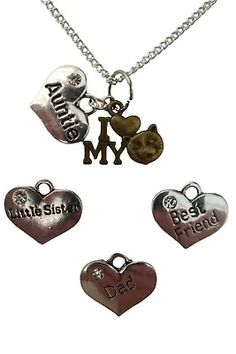 SILVER NECKLACE I Love My Cat Family Gem Charm Pendant Love Heart Gift + Bag • £8.97