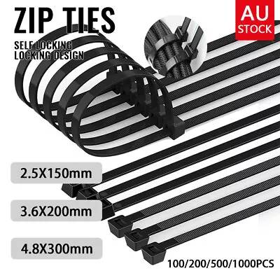 Zip Ties Cable Ties Nylon UV Stabilised 100/200/500/1000x Bulk Black Cable Tie • $28.99