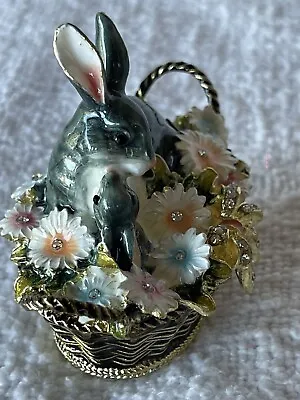 Two Bunnies In Flower Basket Trinket Box. Hand Painted Enamel Swarovski Crystals • $51.99