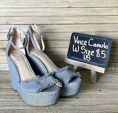 Womens Vince Camuto Tatchen Blue Denim Distressed Wedge Sandals Heels Size 8.5 M • $24.99