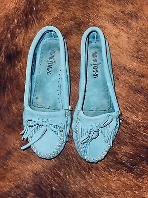 Minnetonka Turquoise Western Leather Fringe Moccasins Size 7 Women’s • £30.84