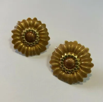 Vintage Earring Pierced Sunflower Amber Yellow Round Enamel Metal • $6.29